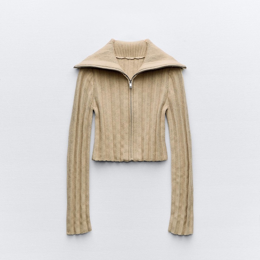 ZARA ZIPPERED CROPPED KNIT CARDIGAN